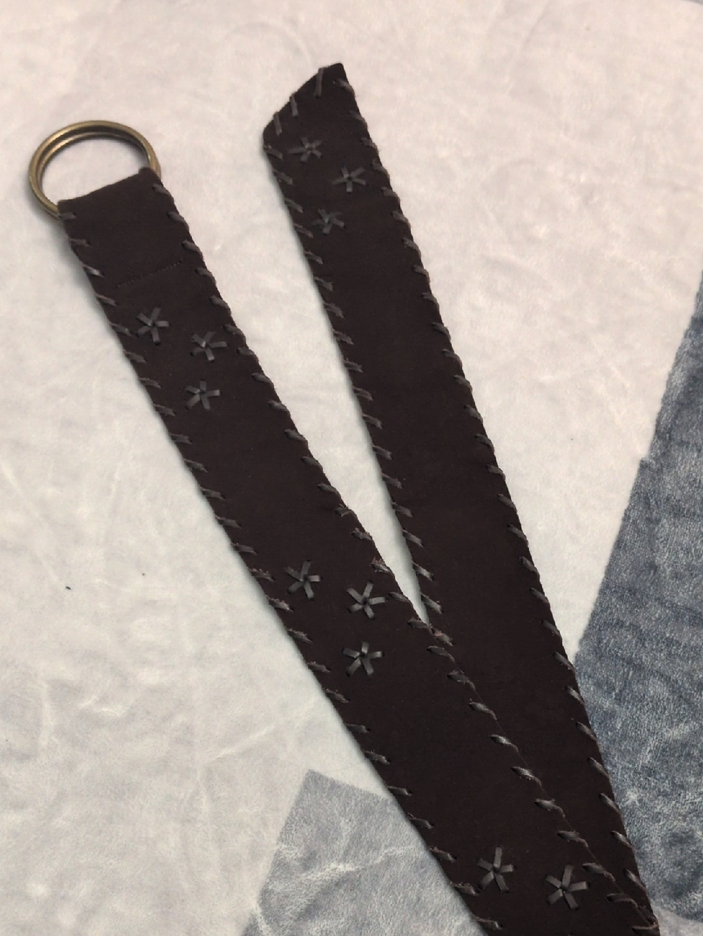 Dark Brown Suede Leather Belt With Flower Patterns